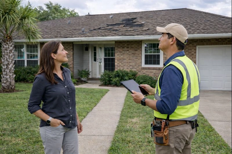 Woman-looks-at-Texas-roof-wind-damage